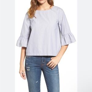 Madewell Top Flutter Bell Sleeve Sz XS Blue White Stripes Short Nautical Coastal